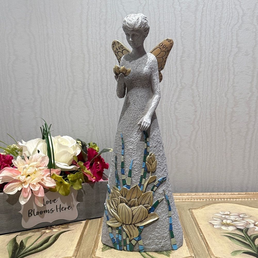 Garden Angel Butterfly Wings Lotus Flowers Resin 15”